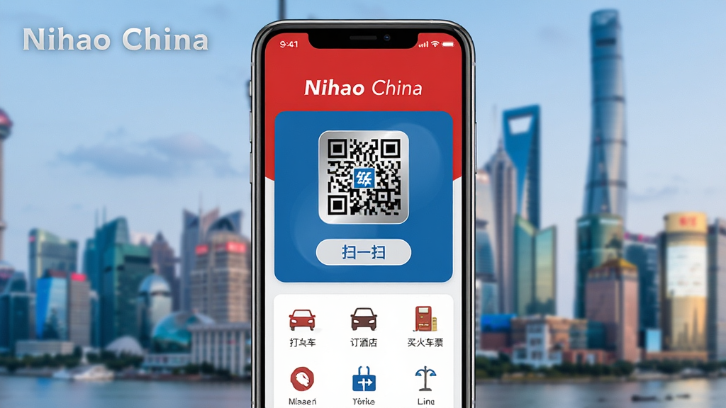 һ��չʾNihao ChinaӦ����������ֻ���ͼ���ͼƬ��������һ���ִ������ֻ�����Ļ��ʾNihao ChinaӦ�õ���ҳ�����ְ���������ӭ��м����۵�������ά��ͼ���ɨһɨ��ť���·������Ŵ򳵡����Ƶꡢ���Ʊ���������ͼ�ꡣ�����Ű�������������ִ�����ɫ��Ϊ������־�Եĺ�������ɫ�����ʸɾ��޶���Ԫ�أ�����Ϊ�黯���ִ���������ߣ�ͼƬ�������ɼ���Nihao China��Ӧ���������֡�