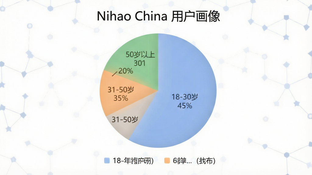 һ�����ݿ��ӻ�ͼ����չʾNihao China�û�����ֲ���״ͼ��ͼ��������һ��Բ�α�ͼ����Ϊ�������֣��ֱ��ע��18-30�� 45%������31-50�� 35%������50������ 20%������ɫ��ͣ�ʹ����ɫ����ɫ����ɫ���ֲ�ͬ����Ρ����ּ�࣬ͼ���·���ͼ��˵������������࣬�����������޶���Ԫ�ء�ͼƬ�д��С�Nihao China �û����񡱱��⡣