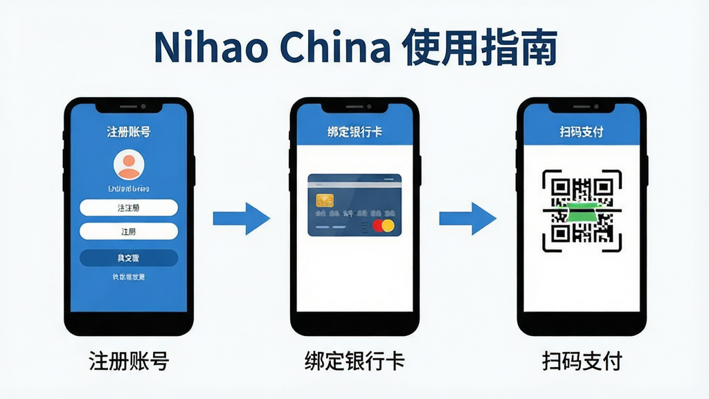 һ����Ϣͼ����ͼƬ��չʾNihao ChinaӦ�õ�ʹ������ͼ�������������ֻ���Ļ�Ľ�ͼ�������������ǡ�ע���˺š����������п�������ɨ��֧����������������ÿ�������·��м�̵�����˵�����֡���������ˣ����ñ�ƽ����ƣ���ɫ����ɫ�Ͱ�ɫΪ�������ʸɾ����޶���Ԫ�ء�ͼƬ�����С�Nihao China ʹ��ָ�ϡ�������