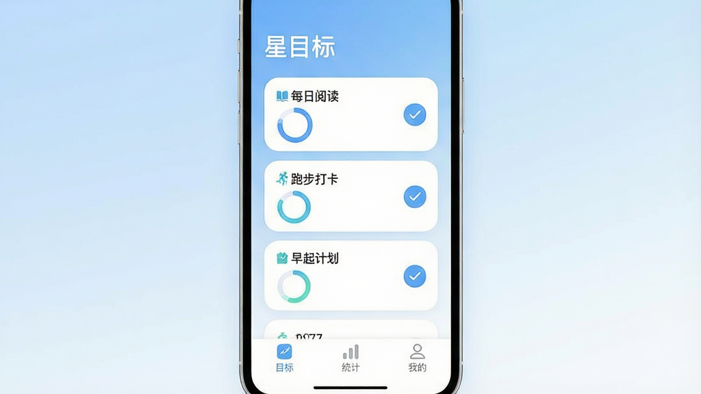 һ�ż�����µ��ֻ�Ӧ�ý���չʾͼ��������������Ŀ��APP�������棬����Ϊ��͵����׽���ɫ�������涥����ʾ����Ŀ�ꡱ�����֣��·��Ǽ���Բ���Ŀ�꿨Ƭ���ֱ��ע��ÿ���Ķ������ܲ��򿨡�������ƻ�����������ÿ����Ƭ�Ա��н���Բ���͹�ѡ��ť���ײ��������С�Ŀ�ꡱ��ͳ�ơ����ҵġ�����ͼ�ꡣ�������ִ���ƽ��ϸ��Բ�󣬻��ʸɾ��������޶���װ��Ԫ�ء�