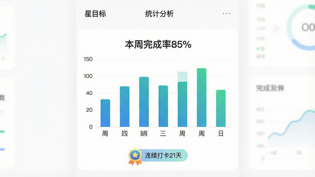 һ����Ŀ��APP������ͳ�ƽ���չʾͼ�������ԡ�ͳ�Ʒ�����Ϊ���⣬����Ϊ����ɫ������������һ����״ͼ�������ע��һ�����գ������ע��ɰٷֱȣ�������ɫΪ���������ɫ��ͼ���Ϸ��С����������85%�������ֱ�ע���·��С�������21�족�Ļ���ͼ�ꡣ��������ˬרҵ�����ʸɾ����޶���Ԫ�ء�
