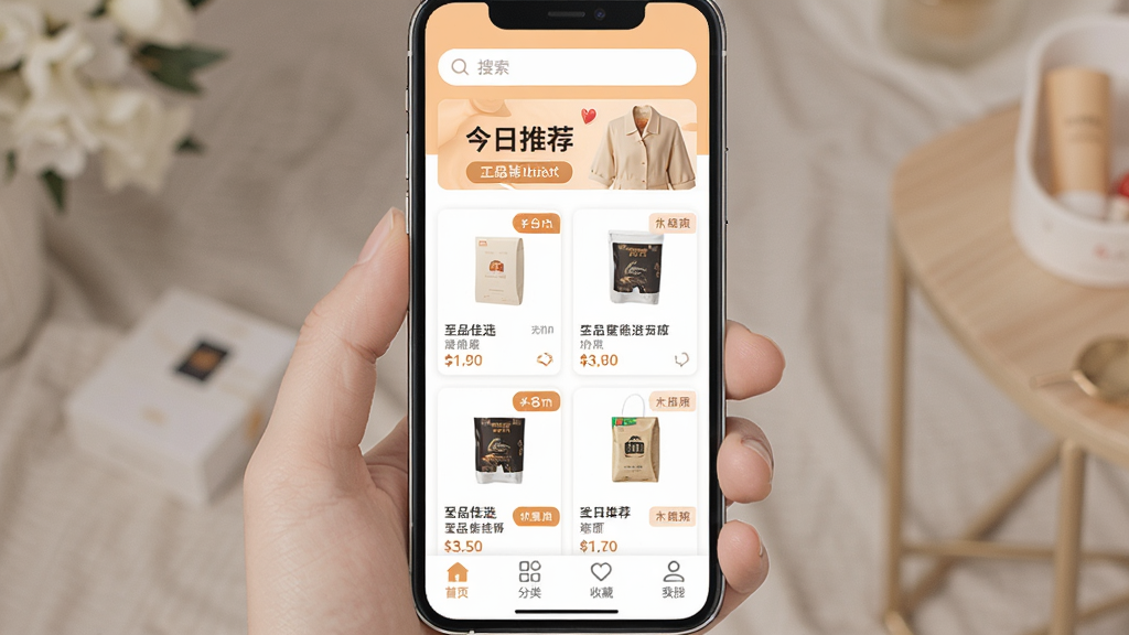 ��Ʒ��ѡApp����������չʾ���ֻ���Ļ���У�ҳ�涥����ʾ������ͽ����Ƽ�������м����������е���Ʒ��Ƭ��ÿ�ſ�Ƭ���м۸��ǩ���Żݱ�ǩ���ײ�������������ע��ҳ�����ࡢ�ղء��ҵ��ĸ�ͼ�꣬������ɫ��ů�׺�ǳ��Ϊ����������ִ���ϸ�ڸɾ������������޶���Ԫ��