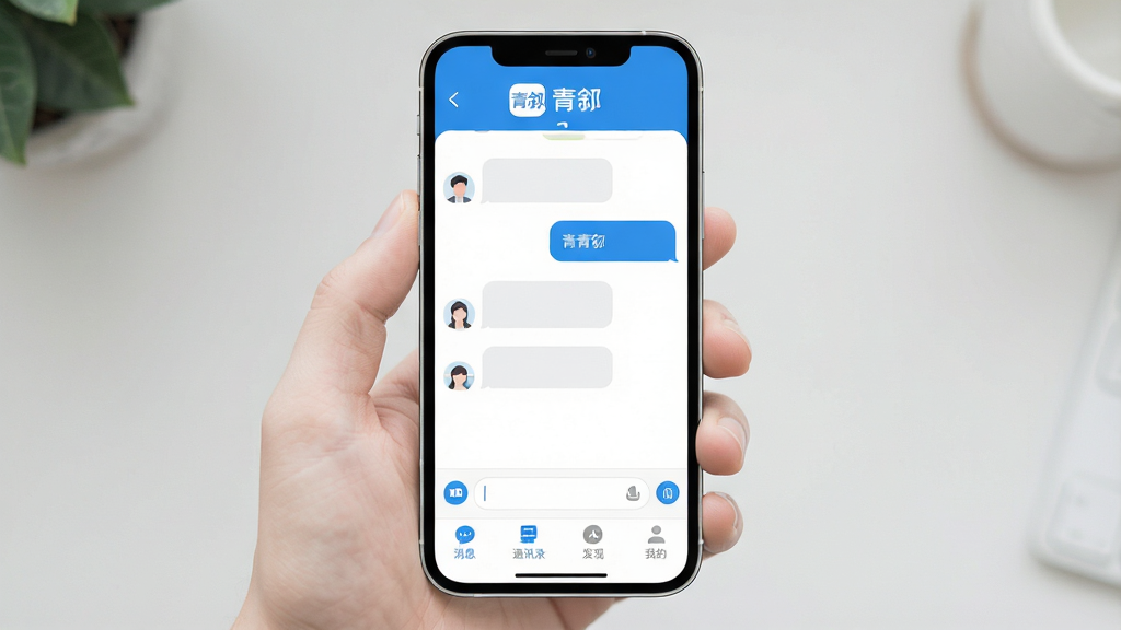 һ��չʾ����App���Ľ�����ֻ�����ͼ��������������������������棬������ʾ����Logo�͡��������֣��м��Ǽ����������ݺ�����򣬵ײ�����Ϣ��ͨѶ¼�����֡��ҵ��ĸ���ǩ�������岼����ˬ��������ɫ������ִ���ƽ�����ʸɾ��޶���Ԫ��