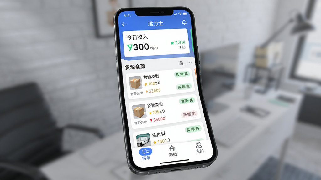 运力士货运接单软件主界面展示,主体是手机屏幕中运力士App的订单大厅页面,布局顶部为今日收入统计卡片,中间是滚动更新的货源列表,底部为接单、路线、我的三个导航按钮,排版清晰直观,风格现代扁平化科技感,细节上订单卡片带有货物类型和距离标签,画质干净无多余元素,高清渲染