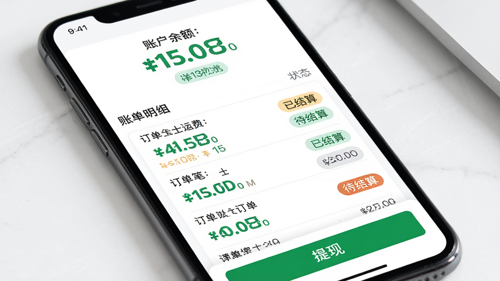 运力士运费结算页面,主体是手机屏幕显示账单明细列表,布局顶部为账户余额大数字,中间为每笔订单的运费构成条目,底部为提现按钮,排版整齐清晰,风格是金融级UI设计,细节上金额用绿色加粗字体显示,状态标签区分已结算和待结算,画质干净无多余元素