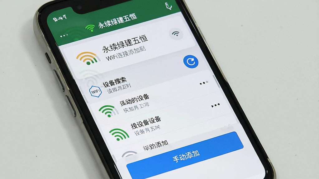 һ��չʾ�������̽���㡱�����豸���Ӻ��������ý����ͼƬ������Ϊ�ֻ���Ļ��ʾWiFi������ʾ���豸�����б��������϶���������״̬��ʾ���м������������豸�б����ײ����ֶ����Ӱ�ť���Ű������������ʵ�ã�ϸ�����ź�ͼ���ˢ�°�ť���ԣ����ʸɾ��޶���Ԫ�ء�
