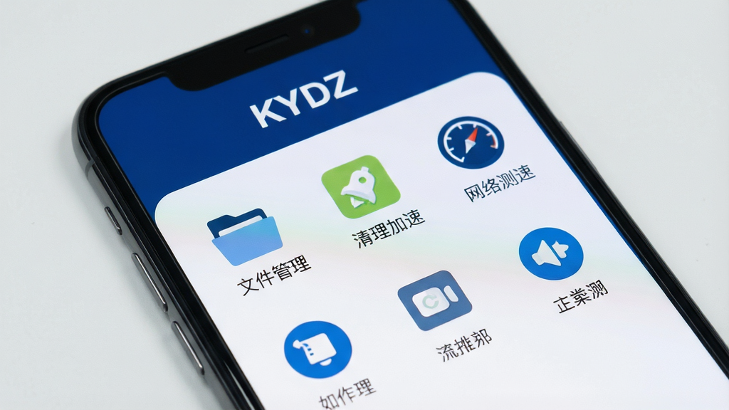 һ���ֻ���Ļ��д������������KYDZ�����������棬������Ƽ���ִ���������ɫ�Ͱ�ɫΪ��ɫ����������ʾ�������ơ�KYDZ�����м������ż�����ƽ����Ƶĺ��Ĺ���ͼ�꣬���ļ��������������١�������ٵȣ�ͼ���·������ı�ǩ�������Ǹɾ���ǳ��ɫ����������ˬ�����κι�浯�������ʸ��壬ϸ���������޶���Ԫ��