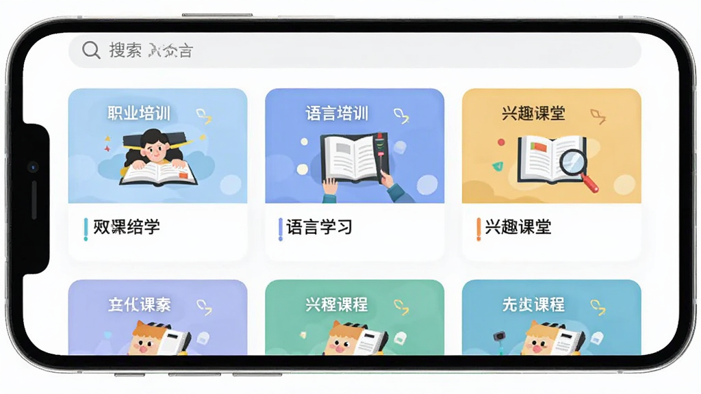 �˺���ѧ�γ̷�����棬�ֻ���Ļչʾ����γ̿�Ƭ����Ƭ����ְҵ��ѵ������ѧϰ����Ȥ���õ����ֱ�ǩ�Ͷ�Ӧ�Ĳ廭ͼ�꣬����Ϊ��ɫ�������������������������¼�࣬���ʸɾ��޶���Ԫ��