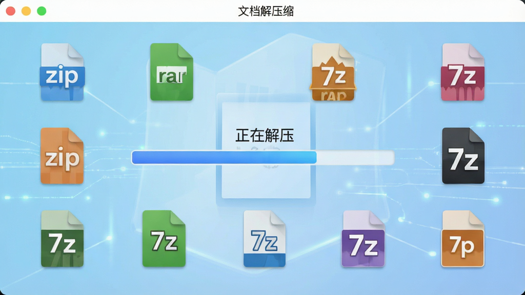 һ��չʾ���ĵ���ѹ����Ӧ�����ڽ�ѹ�ļ��Ľ����ͼ�����������н������͡����ڽ�ѹ�����֣���Χ������zip��rar��7z�ȸ�ʽͼ�꣬������ǳ��ɫ���䣬�����Ƽ��У����ʸɾ��޶���Ԫ��