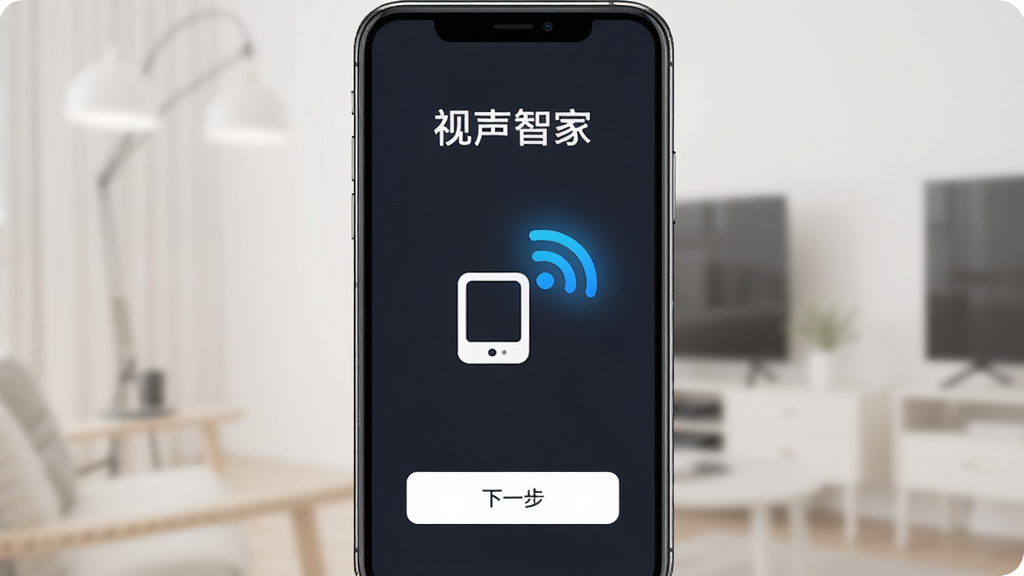 �����Ǽ�App�豸��������ҳ�棬�������ֻ���Ļ����Ļ����ʾ�������Ǽҡ����֣��������м����豸ͼ���WiFi�ź�ͼ�꣬�·��С���һ������ť���Ű��࣬���Ϊ��ƽ���Ƽ��磬ϸ����WiFiͼ������ɫ���Σ������������ɾ��޶���Ԫ��