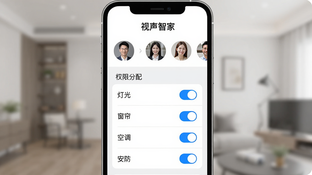 �����Ǽ�App��Ա�������棬�������ֻ���Ļ����Ļ����ʾ�������Ǽҡ����֣������϶����Ǽ�ͥ��Աͷ���б����м���Ȩ�޷��俪���б��������ƹ⡢�������յ��������ĸ�ѡ��Ű����룬���Ϊ��Լ����磬ϸ���Ͽ�������ɫ�����������������ɾ��޶���Ԫ��