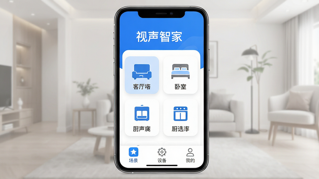 �����Ǽ�App��ҳ����չʾ��������һ���ִ���Լ�����ֻ���Ļ����Ļ����ʾ�������Ǽҡ��ĸ�����ΪApp���⣬�������м��Ƿ��俨Ƭʽ�б����������������ҡ�������ͼ�꣬�ײ��г������豸���ҵ�����ѡ����Ű����룬���Ϊ��ƽ���Ƽ�������ɫ��ϸ����ͼ��Բ�����������ʸ��壬�ɾ��޶���Ԫ��